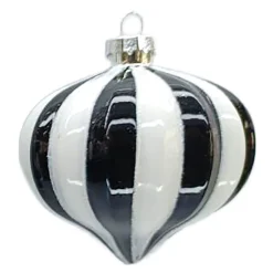 ORN GLASS DROP 3″ WHITE/BLACK MELON W/ WHITE GLITTER