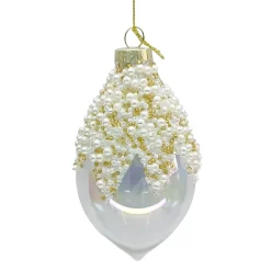 ORN GLASS FINIAL 5.5 CLEAR W/ PEARL & GOLD BEADS