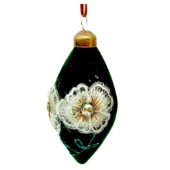 ORN GLASS FINIAL 2.5″ X 5″ OLIVE/GREEN FLORAL GLITTER | SEQUINS | BEADS