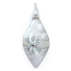 ORN GLASS FINIAL 2.5″ X 4.5″ OLIVE/WHITE GLITTER SNOWFLAKE