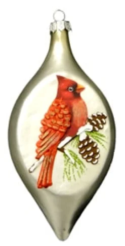ORN GLASS FINIAL CARDINAL ON BRANCH W/PINECONE 6″