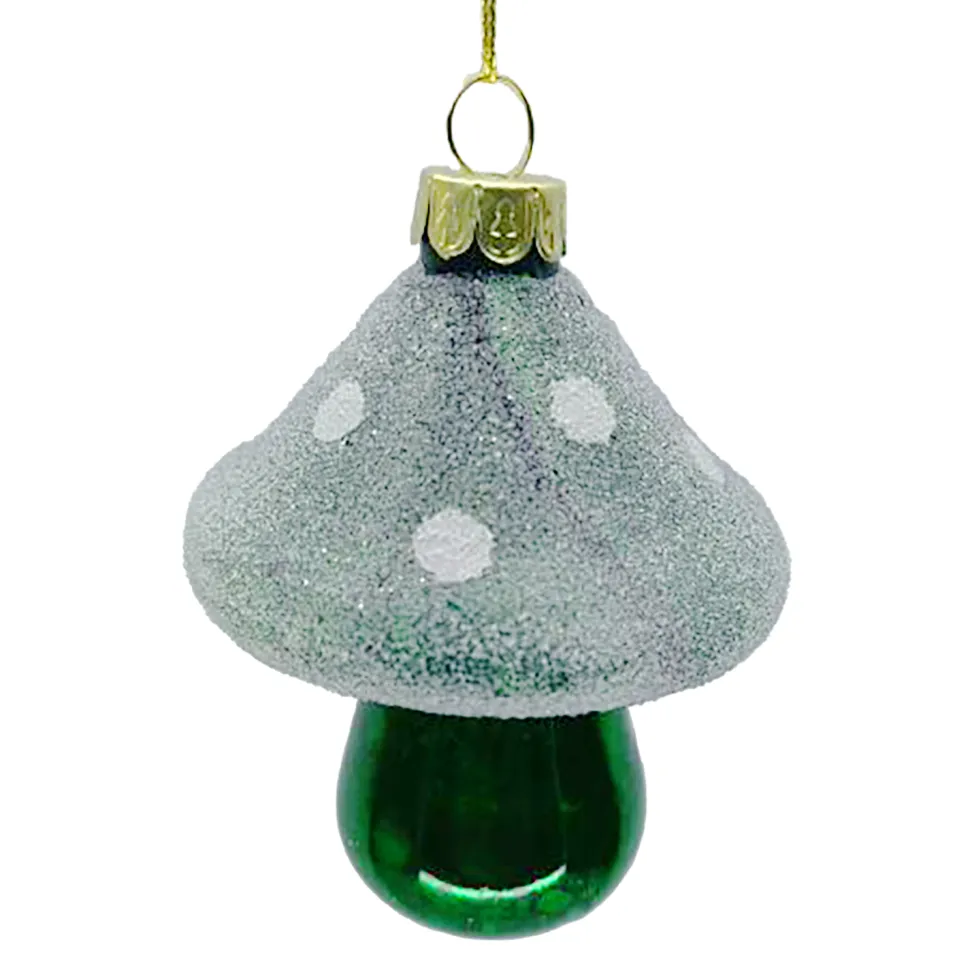 ORN GLASS MUSHROOM 3.5″ GREEN W/ FROSTING