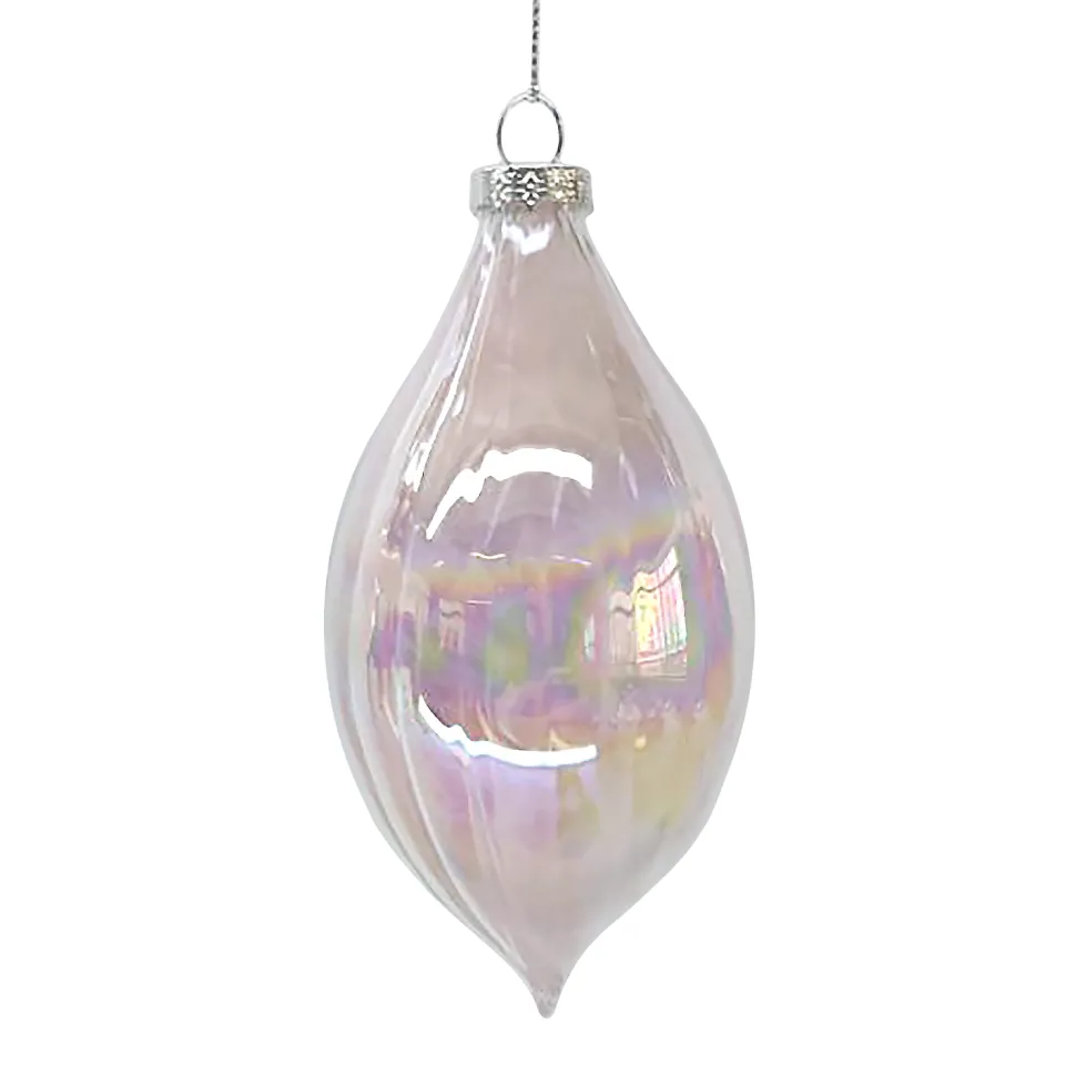 ORN GLASS OLIVE 5″ CLEAR/PINK IRIDESCENT FINISH