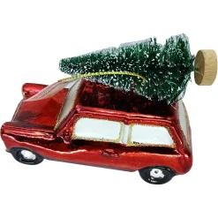 ORN GLASS TRUCK 4″X2″X3″ RED W/ TREEN ON ROOF