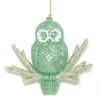 ORN GREEN MINT GLITTER OWL ON CREAM GOLD GLITTER TWIG 4″ X 3.5″