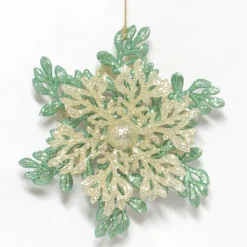 ORN GREEN MINT SNOWFLAKE 5″ W/ CREAM GOLD GLITTER