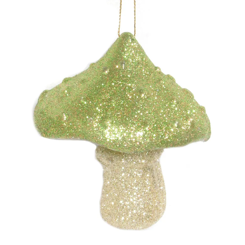 ORN GREEN/GOLD GLITTER MUSHROOM 3″x3.5″