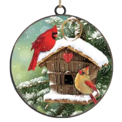 ORN METAL DISC 4″ BIRD HOUSE W/ CARDINAL & ROBIN