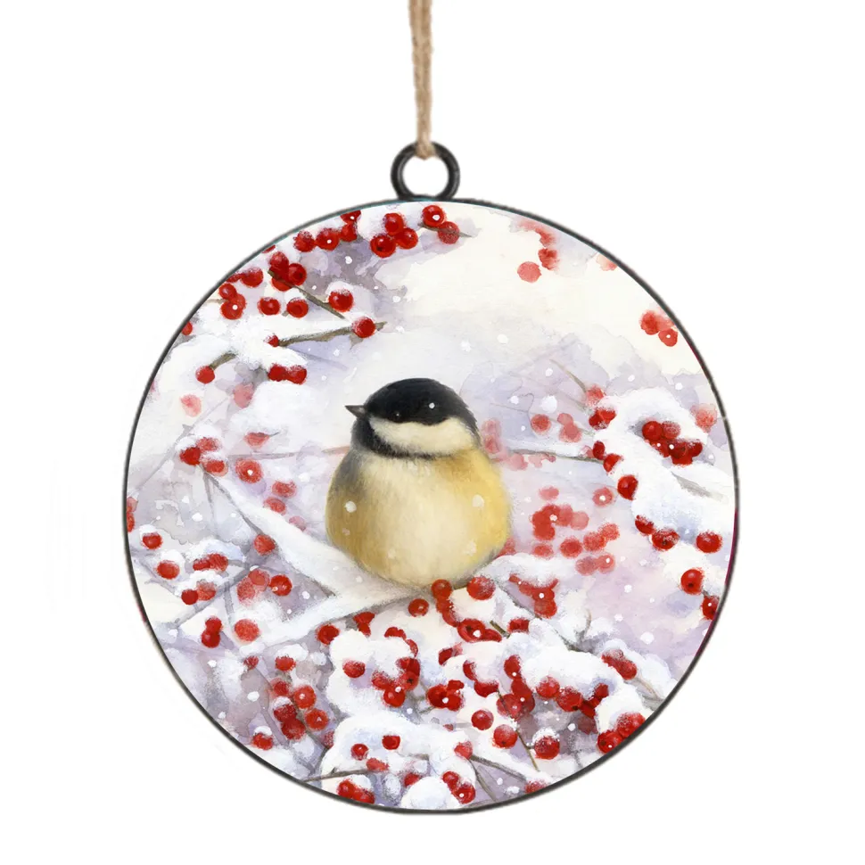 ORN METAL DISC 4″ BIRD ON A BERRY SNOWY SCENE