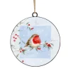 ORN METAL DISC 4″ BIRD ON A TREE BRANCH SNOWY SCENE