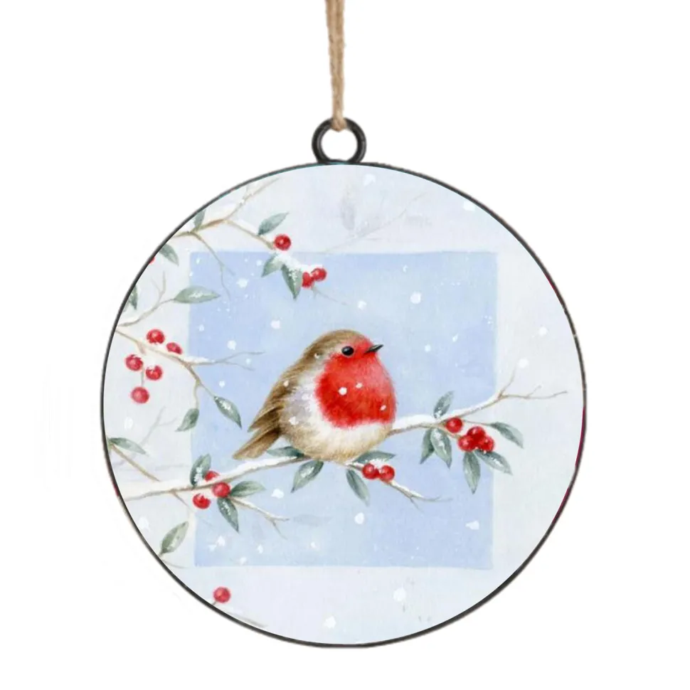 ORN METAL DISC 4″ BIRD ON A TREE BRANCH SNOWY SCENE