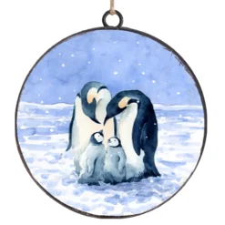 ORN METAL DISC 4″ BLUE /BLACK PENGUIN FAMILY