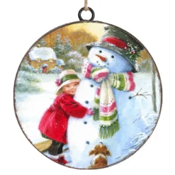ORN METAL DISC 4″ GIRL HUGGING SNOWMAN