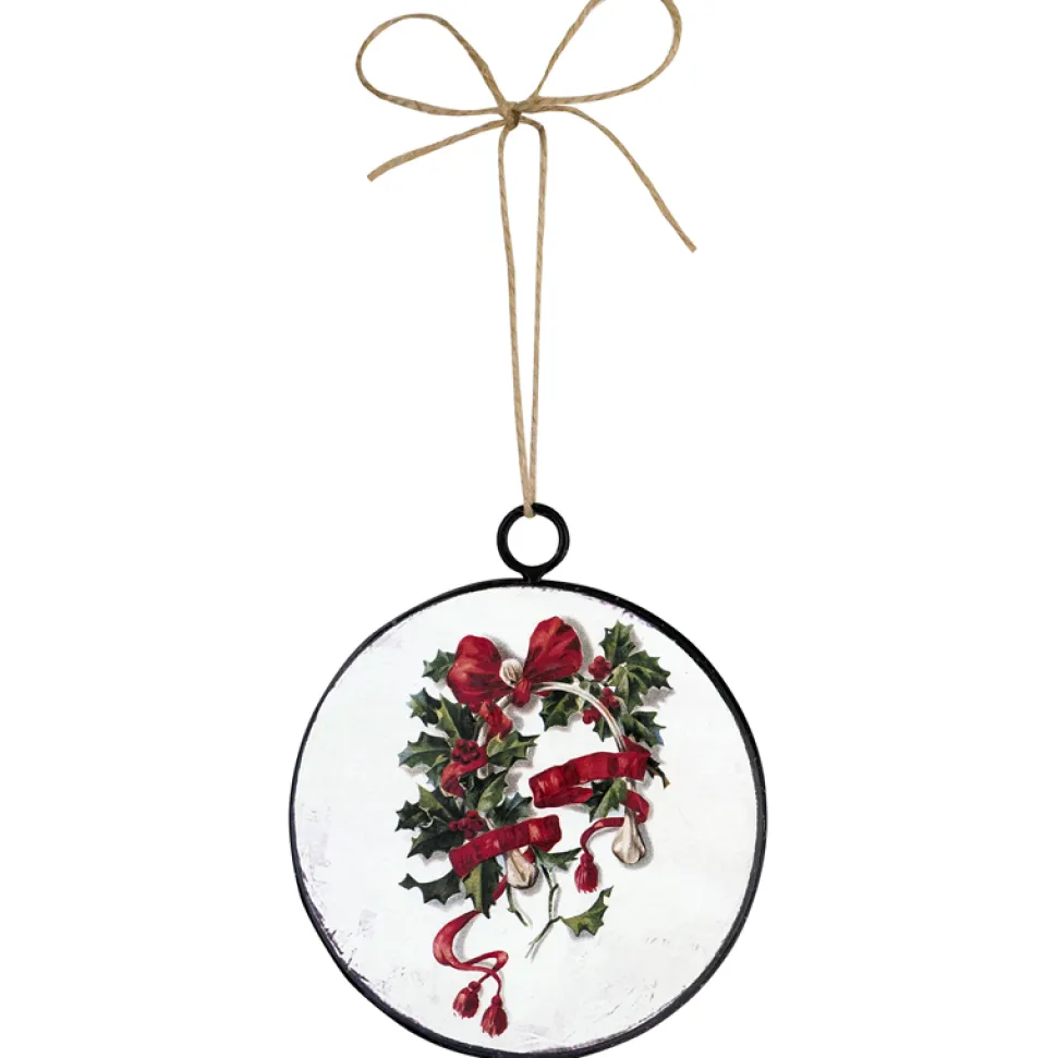 ORN METAL DISC 4″ HOLLY BERRY W/BOW PRINT