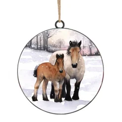 ORN METAL DISC 4″ HORSES SNOWY SCENE