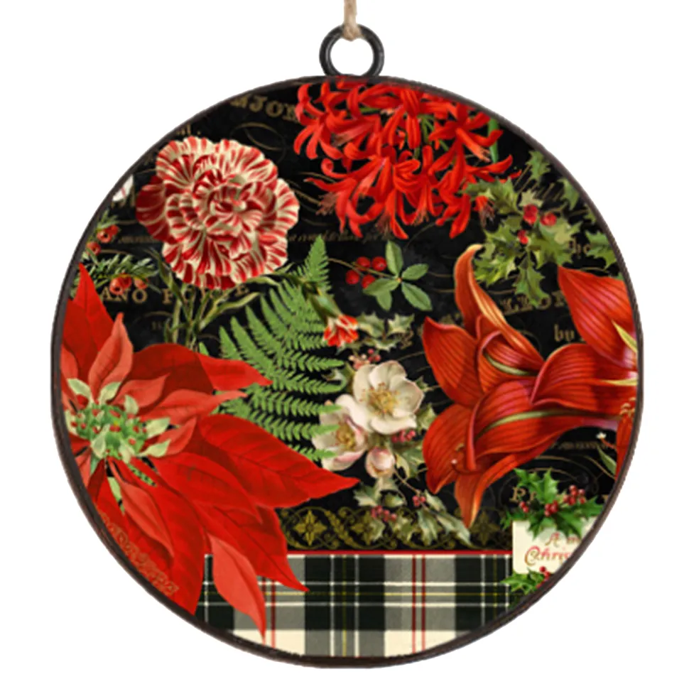 ORN METAL DISC 4″ RED /BLACK CHRISTMAS FLORAL