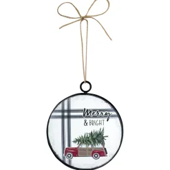 ORN METAL DISC 4″ RED TRUCK W/ TREE ON TOP