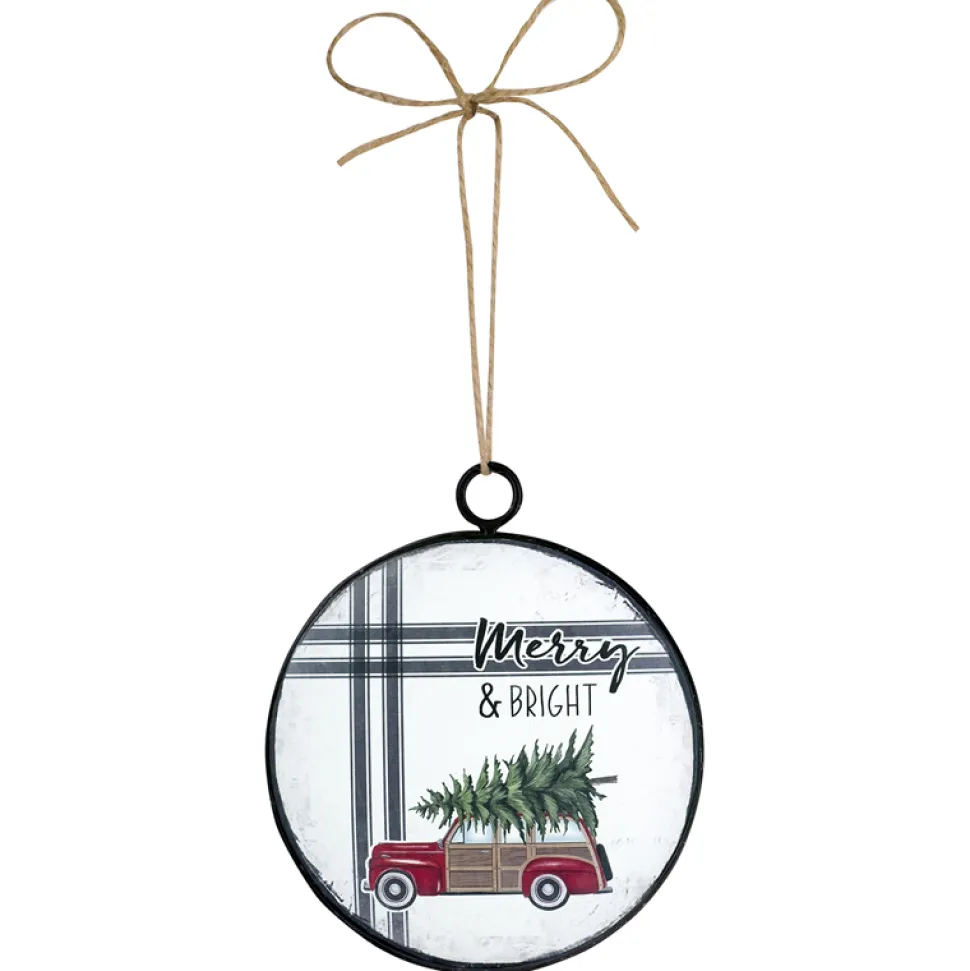 ORN METAL DISC 4″ RED TRUCK W/ TREE ON TOP