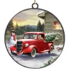 ORN METAL DISC 4″ RED TRUCK W/ SNOWMAN