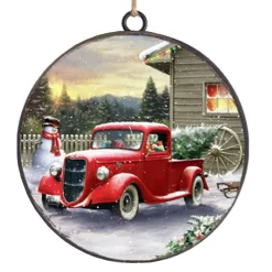 ORN METAL DISC 4″ RED TRUCK W/ SNOWMAN