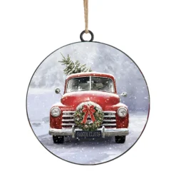 ORN METAL DISC 4″ RED TRUCK WITH TREE