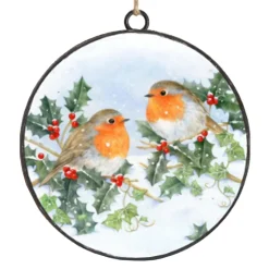 ORN METAL DISC 4″ ROBIN LOVEBIRDS
