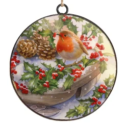 ORN METAL DISC 4″ ROBIN W/PINE CONES & BERRIES