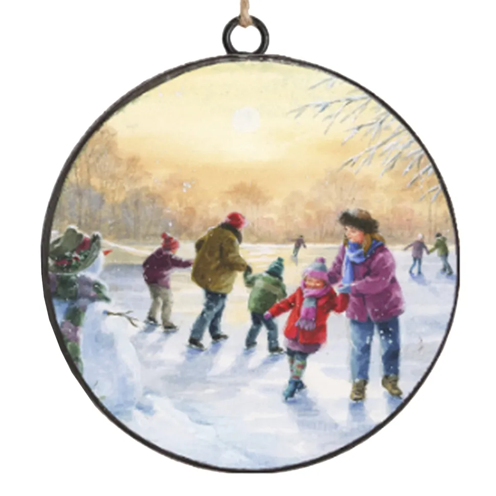 ORN METAL DISC 4″ SKATING ON LAKE SCENE