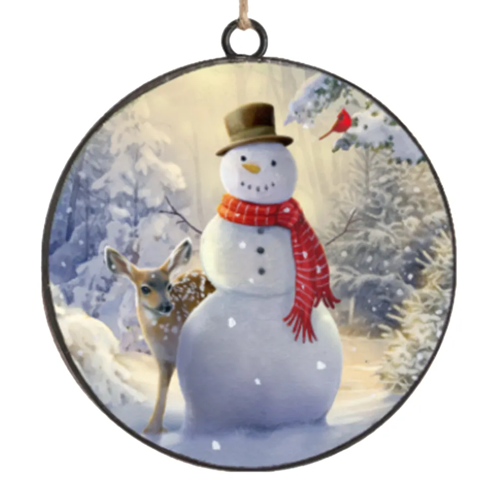 ORN METAL DISC 4″ SNOWMAN W/DEER