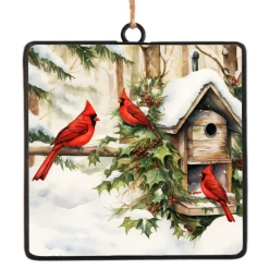 ORN METAL SQUARE DISC 4″ CARDINAL & BIRDHOUSE