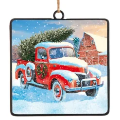 ORN METAL SQUARE DISC 4″ RED TRUCK