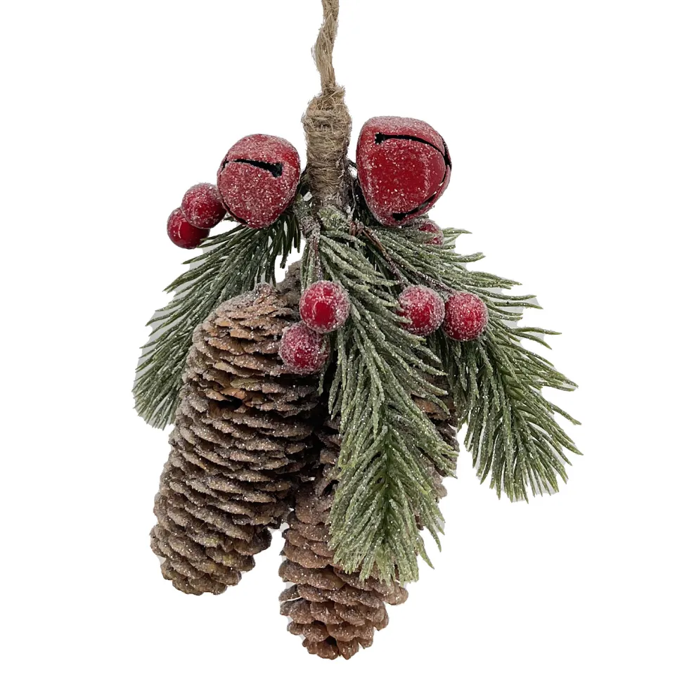 ORN NAT. PINE & CONES FROSTED NATURAL 2.5″ W/ BERRIES & RED BELLS