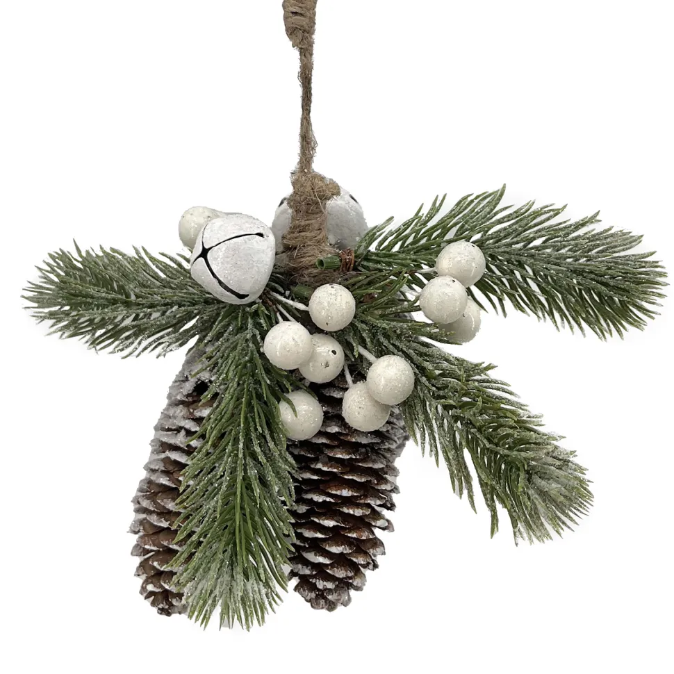 ORN NAT. PINE & CONES FROSTED NATURAL 2.5″ W/ BERRIES & WHITE BELLS