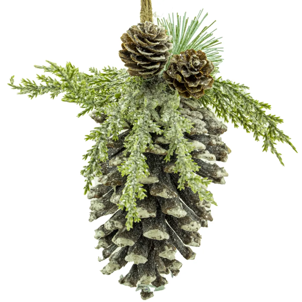 ORN NAT. PINECONE 6″ FROSTED W/GREENS