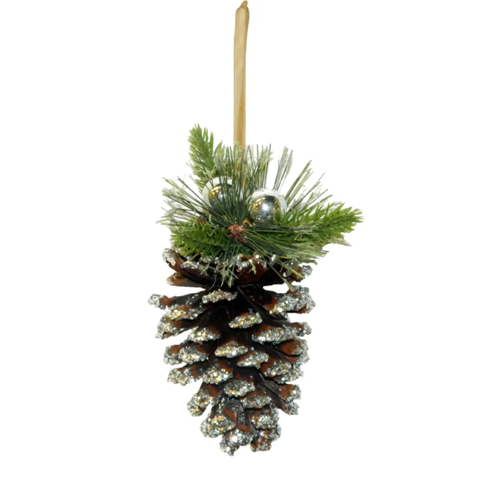 ORN NAT. PINECONE 4.25″ W/PINE & RIBBON & BALL SILVER