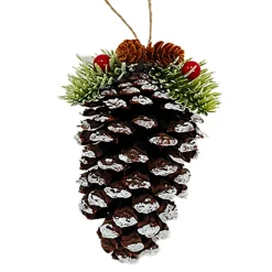 ORN NAT. PINECONE NATURAL/WHITE 4.5″ W/ PINE & BERRIES