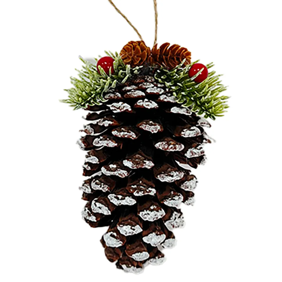 ORN NAT. PINECONE NATURAL/WHITE 4.5″ W/ PINE & BERRIES