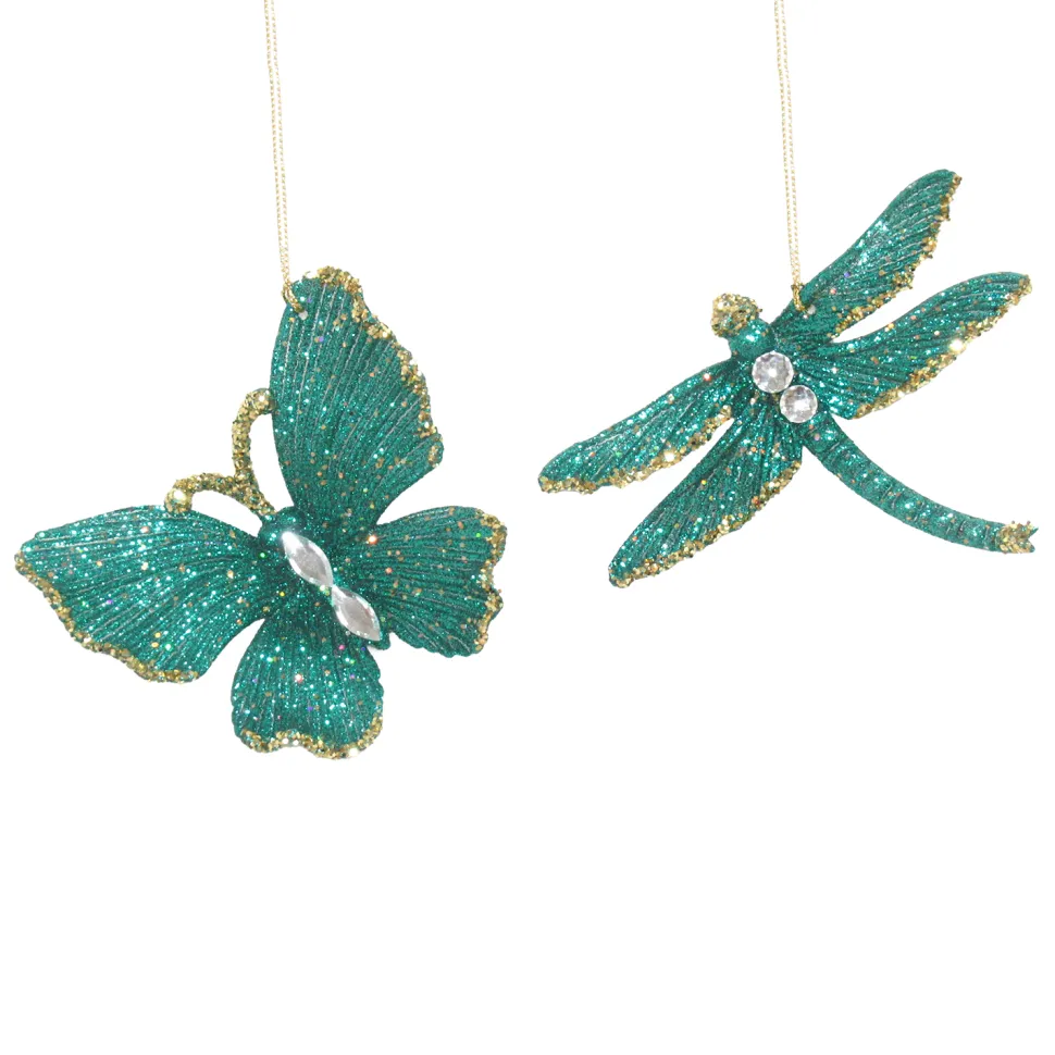 ORN PEACOCK BUTTERFLY & DRAGONFLY 4″ W/ JEWEL & GOLD GLTR. 2/S