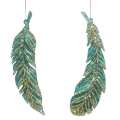 ORN PEACOCK FEATHER 6.25″ W/ GOLD GLTR. 2/S