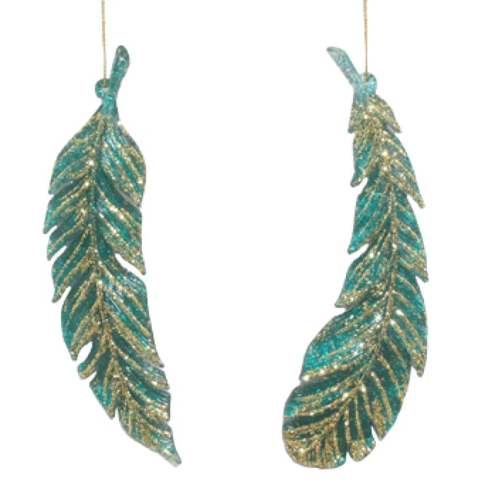 ORN PEACOCK FEATHER 6.25″ W/ GOLD GLTR. 2/S