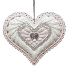 ORN PINK/ WHITE ICE HEART 4″ W/ JEWEL & GLITTER