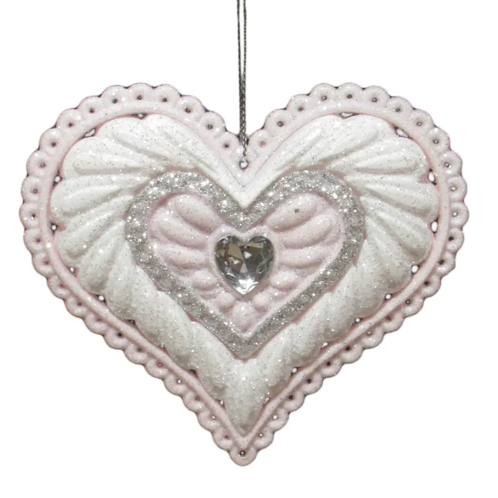 ORN PINK/ WHITE ICE HEART 4″ W/ JEWEL & GLITTER