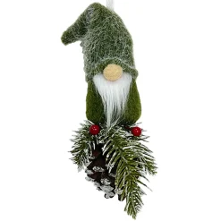 ORN PLUSH GNOME FAUX FUR GREEN 9.5″ W/ PINE, CONE & BERRIES