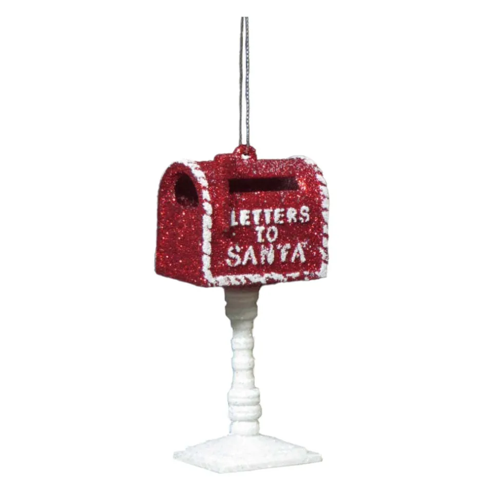 ORN RED / WHITE “LETTER TO SANTA” MAIL BOX 4″ W/ ICE WHITE GLITTER