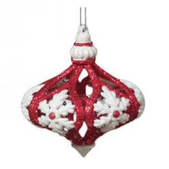 ORN RED / WHITE ONION BALL W/SNOWFLAKE 4″ W/ GLITTER