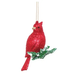 ORN RED CARDINAL 3″ ON BRANCH W/ GLITTER