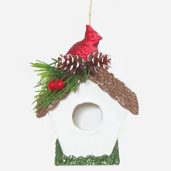 ORN RED CARDINAL ON WHITE BIRD HOUSE 4″ W/ GLITTER