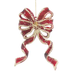 ORN RED /GOLD BOW LONG TAIL 5.5″ CLEAR W. GOLD GLTR.