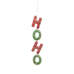 ORN RED/ GREEN “HO HO” ON STRING 1″X7″ W/ GLITTER