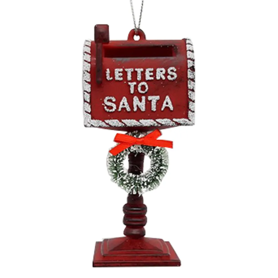 ORN RED MAILBOX LETTER TO SANTA 4.5″ ANTIQUE RED W/ WREATH